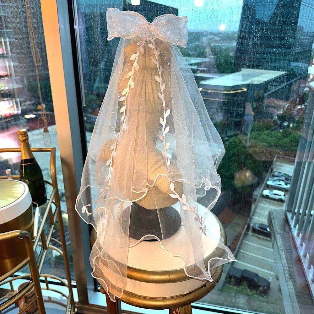 New White Bow Vine Pearl Embroidered Tulle Wedding Veil Bachelorette Bridal Comb